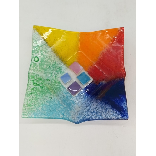 154 - Murano Fused Art Glass Rainbow Dishes (2). Largest 20cm x 20cm x 4cm.