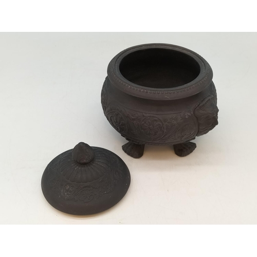 188 - Wedgwood Black Basalt Lion Paw Footed Pot. 15cm x 15cm.