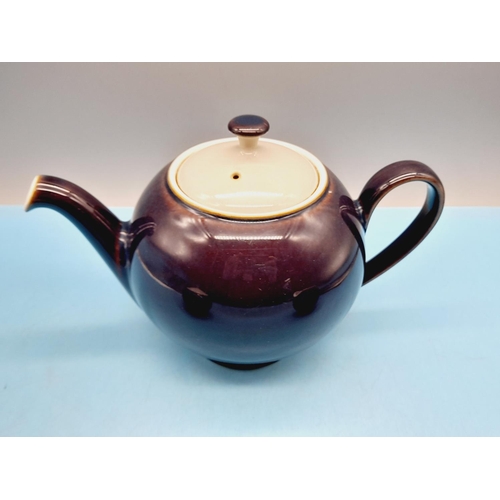 193 - Denby Purple Amethyst Design Teapot, Milk Jug and Sugar Pot. Teapot 16cm High, 27cm Spout to Handle.