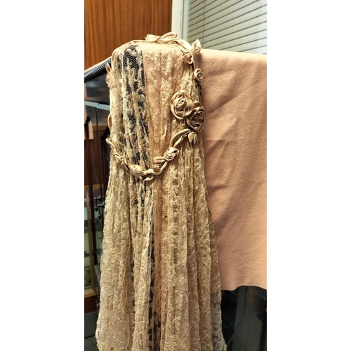 33 - Original 1920's Wedding Dress. In Coffee Silk and Lace with Brown Velvet Belt and Arm Trim. With Lac... 