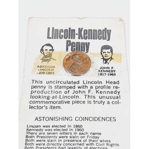 41 - Unusual Uncirculated Lincoln-Kennedy Penny. Stamped with a Profile of Kennedy Looking at Lincoln.