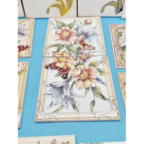 423 - Collection of Minton & Hollins and H&R Johnson Ltd Hand Decorated and Transfer Print Floral Tiles.