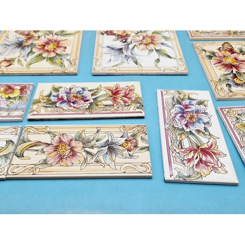 423 - Collection of Minton & Hollins and H&R Johnson Ltd Hand Decorated and Transfer Print Floral Tiles.