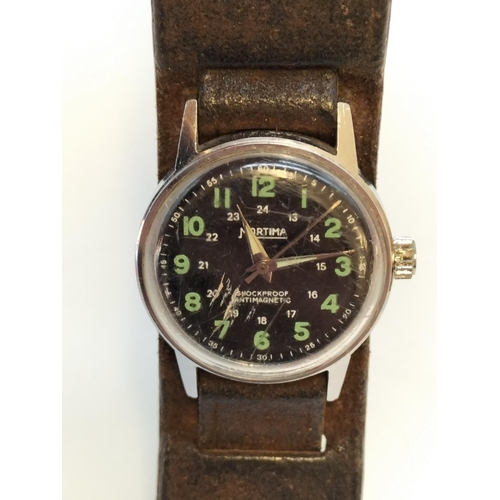 554 - 1960's Mortima Military Style Gents Watch. Scratches to Glass.