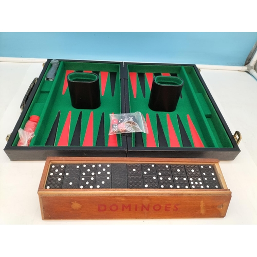 306 - Cased Backgammon Game, Double Nine Dominoes and Crib Board.