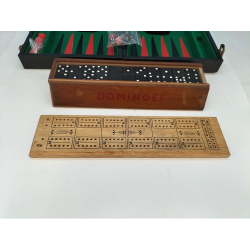 306 - Cased Backgammon Game, Double Nine Dominoes and Crib Board.