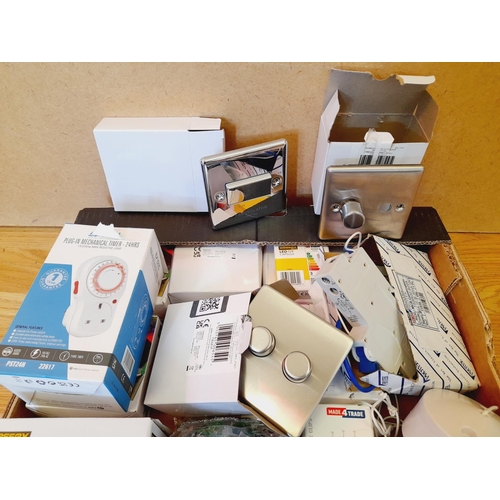 383 - Box of Mixed Electric Switches, Plugs, Cable Clips, Extensions, etc. Shop Return. As Found.