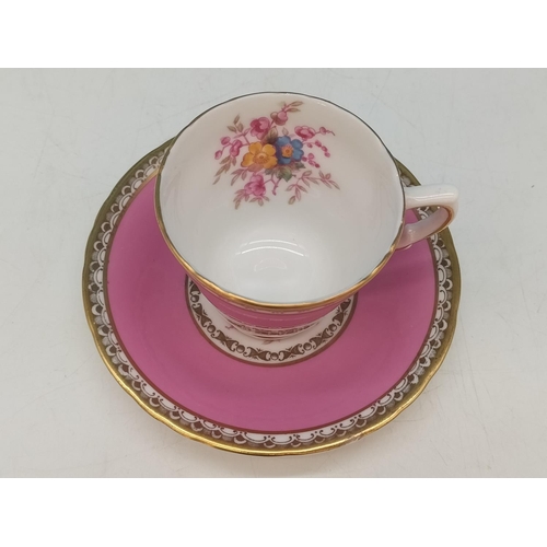 445 - H M Sutherland Pink and Gold Gilt Design 11 Piece Part Tea Set to include Cups and Saucers (4), Milk... 