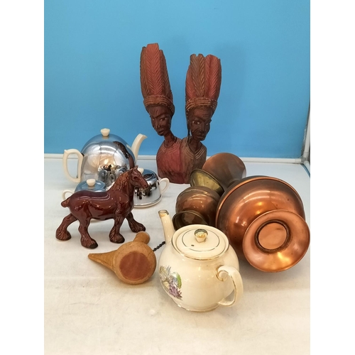 195 - Collection of Mixed Items to include Copper Jugs, Teapots, Horse Figure, Wooden Indian Figure, etc.