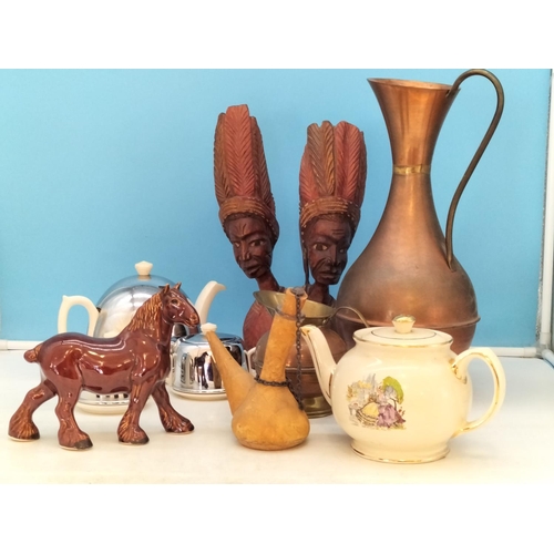 195 - Collection of Mixed Items to include Copper Jugs, Teapots, Horse Figure, Wooden Indian Figure, etc.
