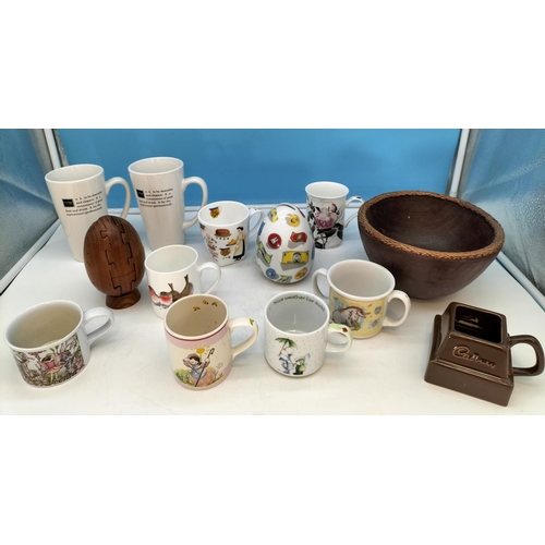 210 - Wooden Puzzle Rugby Ball, Bowl, Money Box plus a Collection of Mugs to include Aynsley, Cadbury, Win... 