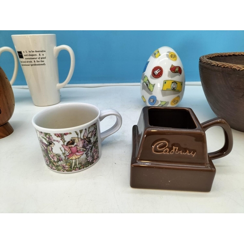 210 - Wooden Puzzle Rugby Ball, Bowl, Money Box plus a Collection of Mugs to include Aynsley, Cadbury, Win... 