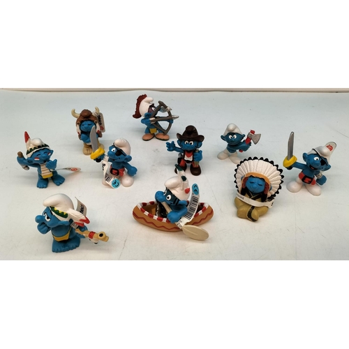 185 - Collection of Schleich Smurf Figures (10) to include Cowboys, Indians and Pirates. Some with Tags.