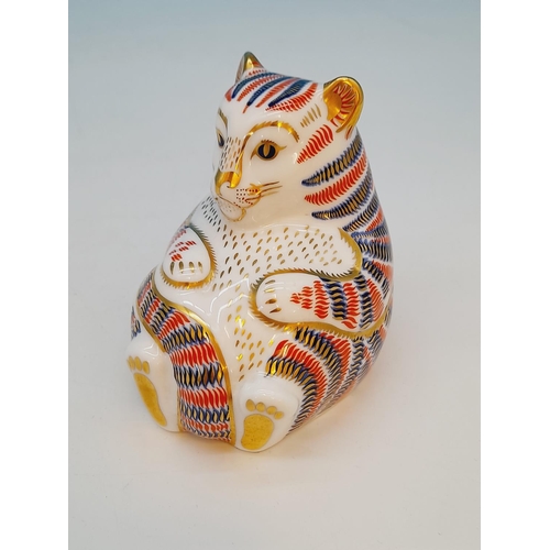 203 - Royal Crown Derby 'Bengal Tiger Cub' Paperweight with Silver Stopper. 8cm High. Date Stamp for 1993.