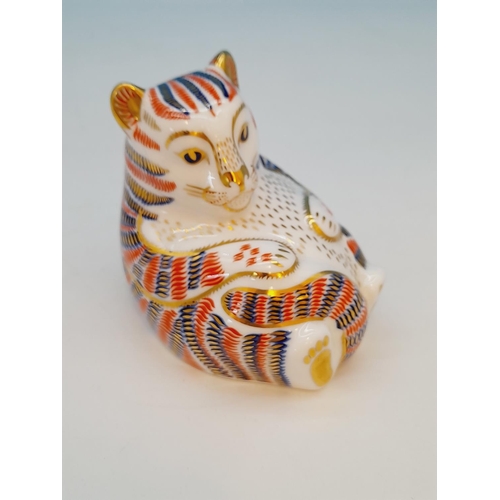 203 - Royal Crown Derby 'Bengal Tiger Cub' Paperweight with Silver Stopper. 8cm High. Date Stamp for 1993.