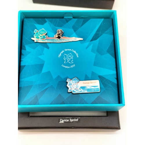 249 - Boxed London 2012 Olympic Venues Collection Pin Badges (4) to include Rowing, Sailing, Canoe Slalom ... 