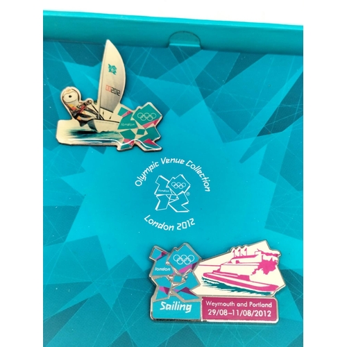 249 - Boxed London 2012 Olympic Venues Collection Pin Badges (4) to include Rowing, Sailing, Canoe Slalom ... 