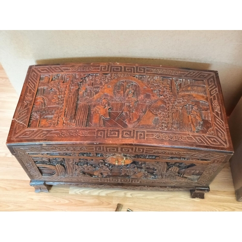 30 - Victoria Brand 100% Camphorwood Chest with Oriental Carved Design. Damage to Corner and Lock Require... 