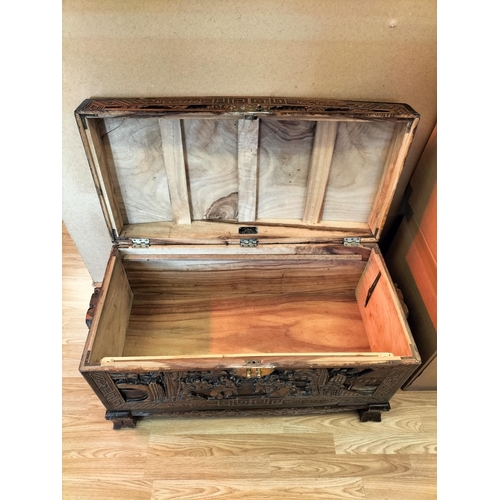 30 - Victoria Brand 100% Camphorwood Chest with Oriental Carved Design. Damage to Corner and Lock Require... 