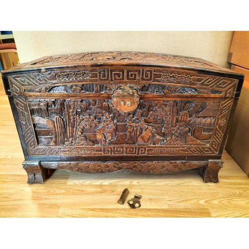 30 - Victoria Brand 100% Camphorwood Chest with Oriental Carved Design. Damage to Corner and Lock Require... 
