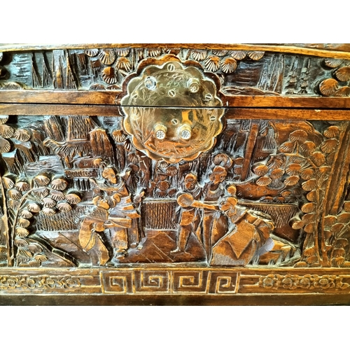30 - Victoria Brand 100% Camphorwood Chest with Oriental Carved Design. Damage to Corner and Lock Require... 