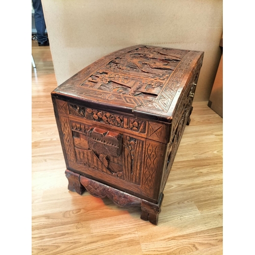 30 - Victoria Brand 100% Camphorwood Chest with Oriental Carved Design. Damage to Corner and Lock Require... 