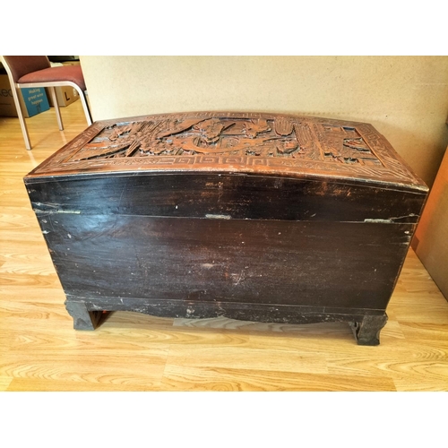 30 - Victoria Brand 100% Camphorwood Chest with Oriental Carved Design. Damage to Corner and Lock Require... 