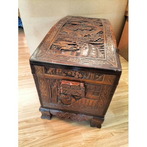 30 - Victoria Brand 100% Camphorwood Chest with Oriental Carved Design. Damage to Corner and Lock Require... 