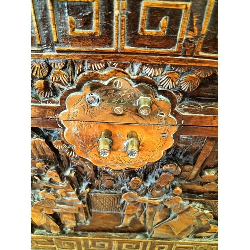 30 - Victoria Brand 100% Camphorwood Chest with Oriental Carved Design. Damage to Corner and Lock Require... 