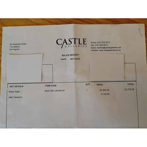 184 - Original Oil on Canvas Framed ' Rialto Night' by Neil Dawson with Original Castle Galleries Paperwor... 