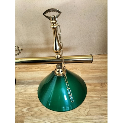 85 - Brass Three Branch Overhead Snooker/Billiard Table Light Fitting with Green Shades. 122cm Long, Drop... 