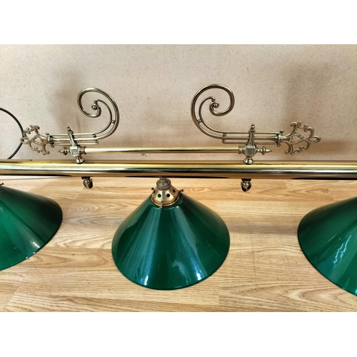 85 - Brass Three Branch Overhead Snooker/Billiard Table Light Fitting with Green Shades. 122cm Long, Drop... 
