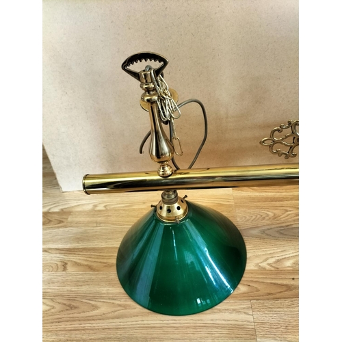 85 - Brass Three Branch Overhead Snooker/Billiard Table Light Fitting with Green Shades. 122cm Long, Drop... 