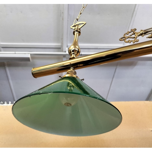 85 - Brass Three Branch Overhead Snooker/Billiard Table Light Fitting with Green Shades. 122cm Long, Drop... 