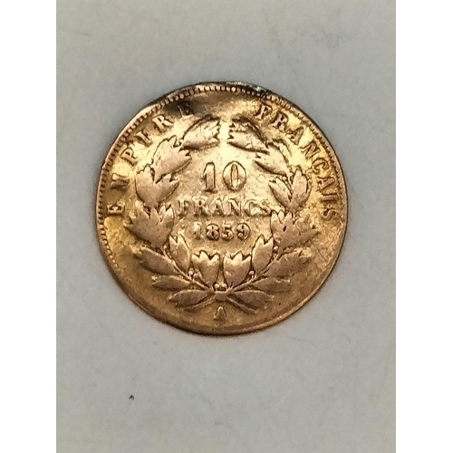 22 - Napoleon III 1859 22kt Gold (Tested) 10 Francs Coin, Paris Mint. 3 Grams.