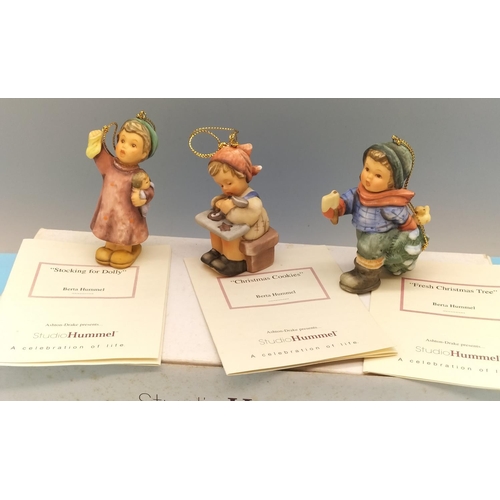 225 - Goebel Berta Hummel 7.5cm Christmas Decorations (3), 'Stocking For Dolly', 'Fresh Christmas Tree' an... 