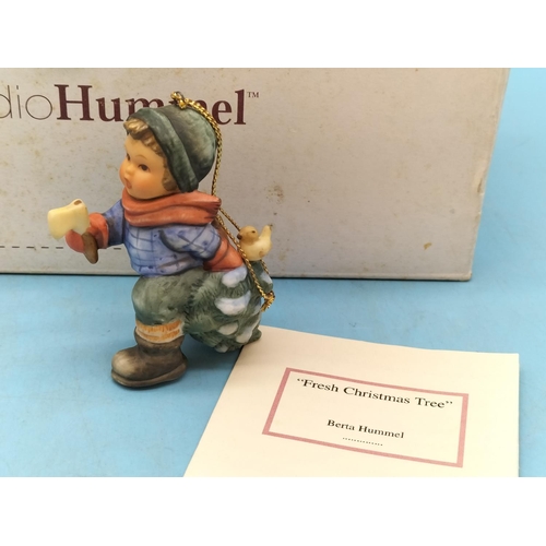 225 - Goebel Berta Hummel 7.5cm Christmas Decorations (3), 'Stocking For Dolly', 'Fresh Christmas Tree' an... 