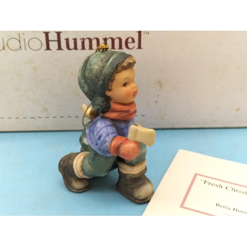 225 - Goebel Berta Hummel 7.5cm Christmas Decorations (3), 'Stocking For Dolly', 'Fresh Christmas Tree' an... 