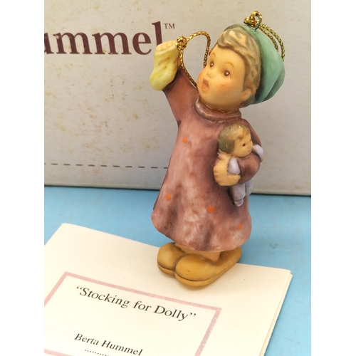 225 - Goebel Berta Hummel 7.5cm Christmas Decorations (3), 'Stocking For Dolly', 'Fresh Christmas Tree' an... 
