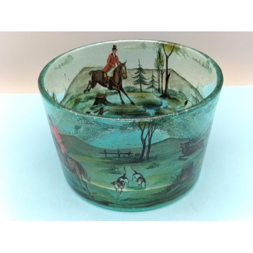 236 - 1930's Bohemia Hand Painted Glass Bowl 'The Royal Hunt' After the Engraving by John Wotton (16cm Dia... 