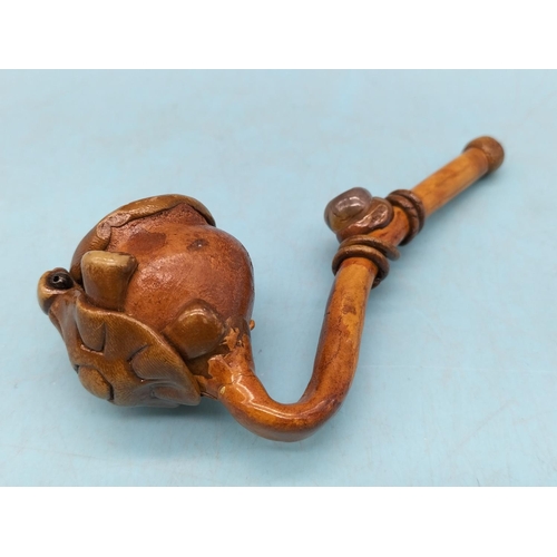 237 - South American 'Tortoise Big Pipe' Clay Pipe Decorated with a Tortoise to the Bowl and with a Stone ... 