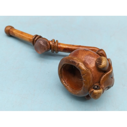 237 - South American 'Tortoise Big Pipe' Clay Pipe Decorated with a Tortoise to the Bowl and with a Stone ... 