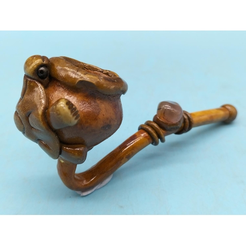 237 - South American 'Tortoise Big Pipe' Clay Pipe Decorated with a Tortoise to the Bowl and with a Stone ... 