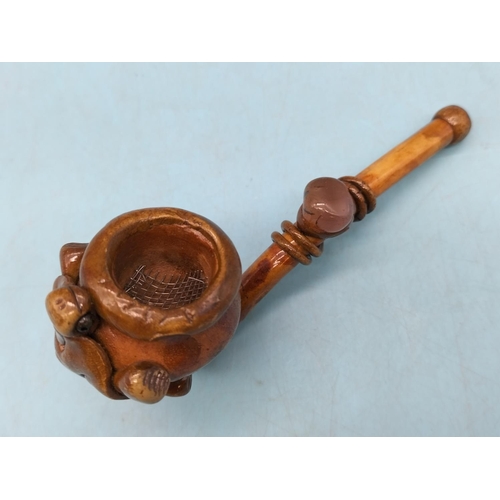 237 - South American 'Tortoise Big Pipe' Clay Pipe Decorated with a Tortoise to the Bowl and with a Stone ... 