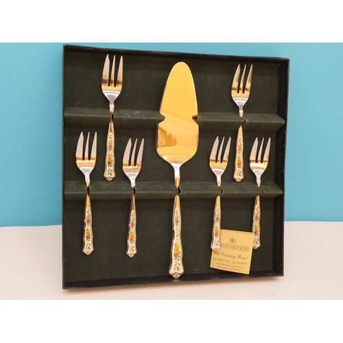 239 - Monogram for Royal Albert 'Old Country Roses' Cake Knife and Forks Set plus a Meakin Banded Ware 2 T... 