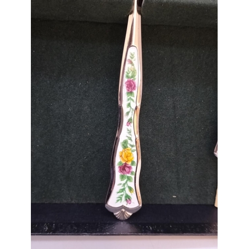 239 - Monogram for Royal Albert 'Old Country Roses' Cake Knife and Forks Set plus a Meakin Banded Ware 2 T... 