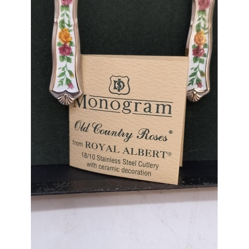 239 - Monogram for Royal Albert 'Old Country Roses' Cake Knife and Forks Set plus a Meakin Banded Ware 2 T... 