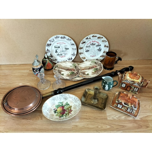 301 - Collection of Mixed Pottery, Glass and Metal Ware to include Brass Chamber Stick, Brass/Copper Ben P... 