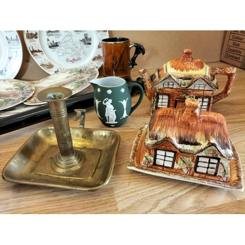 301 - Collection of Mixed Pottery, Glass and Metal Ware to include Brass Chamber Stick, Brass/Copper Ben P... 