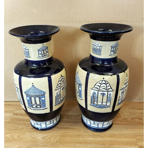 333 - Pair of Large 53cm Ceramic Baluster Gazebo/Pagoda Vases. Unmarked, Possibly Brannam Pottery.
